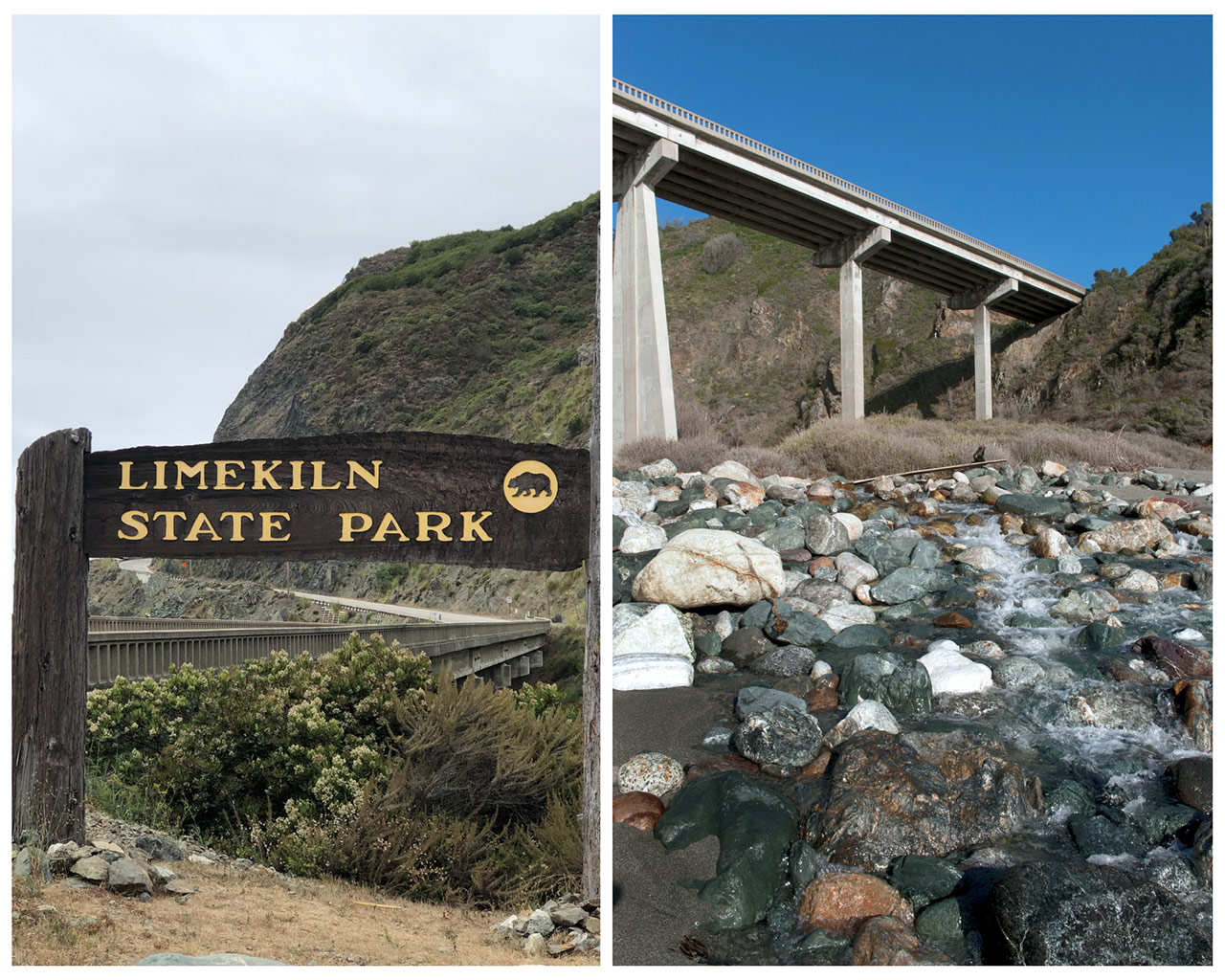 Left: Limekiln State Park welcome sign. Right: A view of the creek at Limekiln State Park. Photos from California State Parks. Left: Limekiln State Park welcome sign. Right: A view of the creek at Limekiln State Park. Photos from California State Parks.